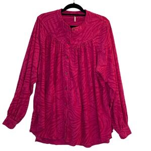 Free People Pink Long Sleeve Button Up Tunic Top Size Medium Textured Zebra Boho